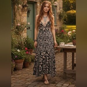 Free People Dewberry Black Floral Maxi Dress Size S
